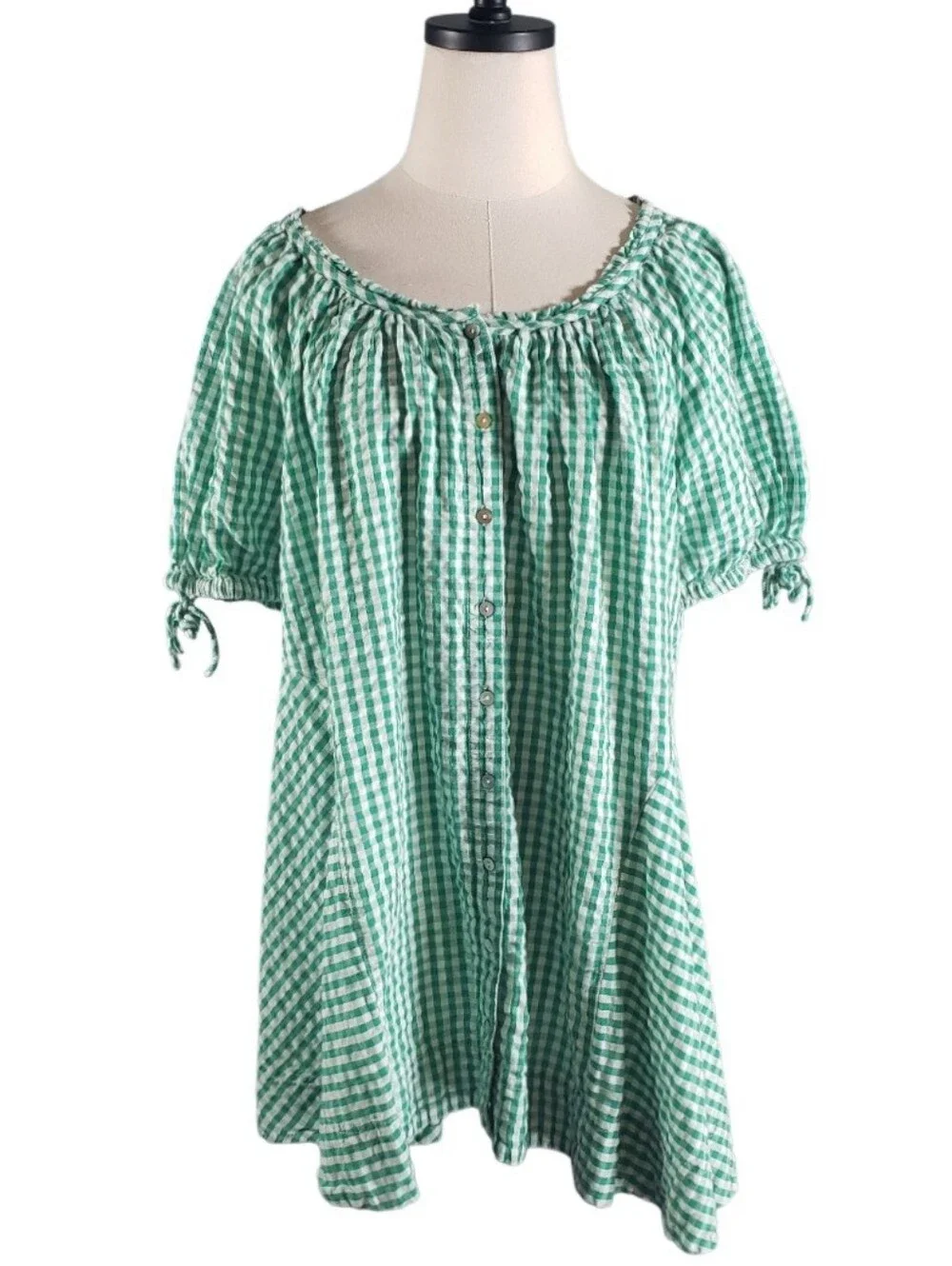 Free People Farley Gingham Tunic Mini Shirt Dress L Puffed Tie Sleeves Cottage